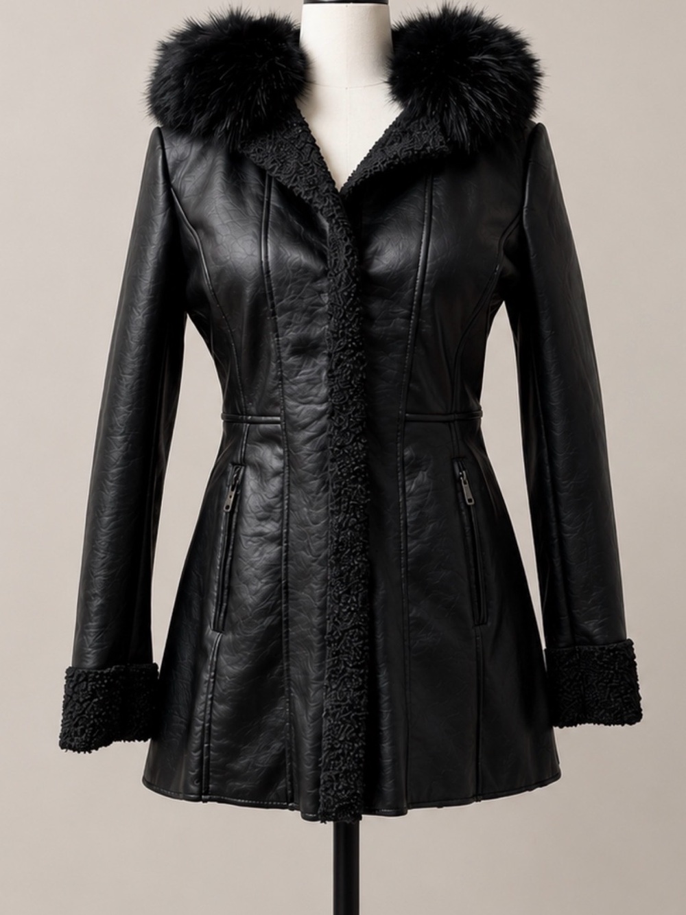 La Coalition Black Faux Shearling Trim Leather Jacket